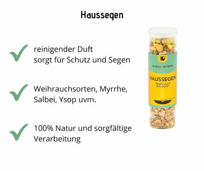 Infografik zu Haussegen Weihrauch & Kräuter im Glasröhrchen mit Vorteilen: reinigender Duft, Weihrauchsorten, Myrrhe, Salbei, Ysop, 100% Natur