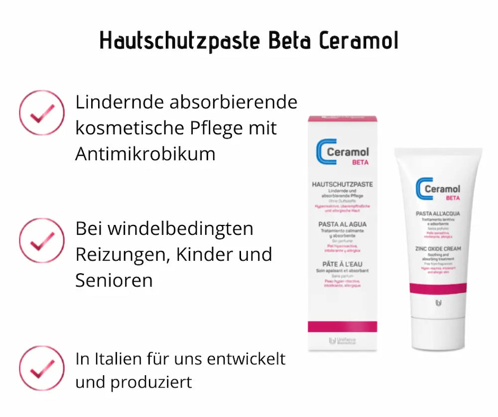 Ceramol Beta Hautschutzpaste, weiße Tube und Faltschachtel mit rosa Akzenten, Infografik mit Hinweisen zu lindernder Pflege und windelbedingten Reizungen