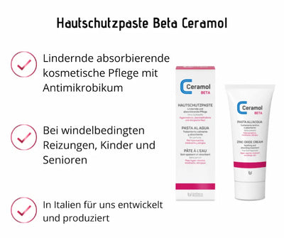 Ceramol Beta Hautschutzpaste, weiße Tube und Faltschachtel mit rosa Akzenten, Infografik mit Hinweisen zu lindernder Pflege und windelbedingten Reizungen