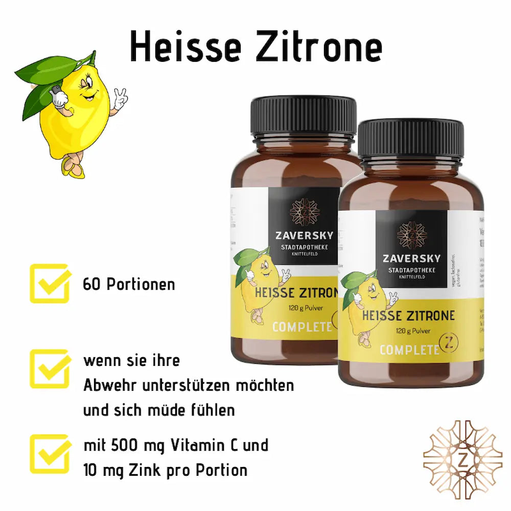 Heisse Zitrone Complete Pulver von Zaversky in zwei Braunglasdosen, 120 g, 60 Portionen mit 500 mg Vitamin C und 10 mg Zink