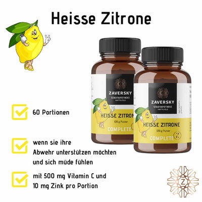 Heisse Zitrone Complete Pulver von Zaversky in zwei Braunglasdosen, 120 g, 60 Portionen mit 500 mg Vitamin C und 10 mg Zink