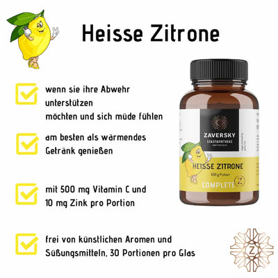 Infografik zu Heisse Zitrone Complete von Zaversky Stadtapotheke, 120 g Pulver im Braunglas mit 500 mg Vitamin C und 10 mg Zink pro Portion.