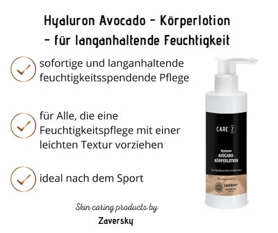 CARE Z Hyaluron Avocado-Körperlotion von Zaversky im Pumpspender, Infografik mit drei Vorteilen für langanhaltende Feuchtigkeit