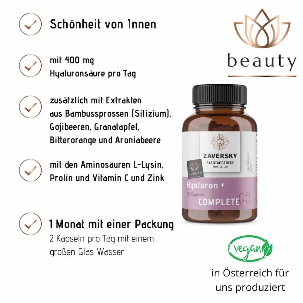 Zaversky Hyaluron + Complete Kapseln, 60 Stück, mit Übersicht der Inhaltsstoffe, 400 mg Hyaluronsäure pro Tag, vegan