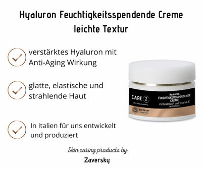 CARE Z Hyaluron Feuchtigkeitsspendende Creme leichte Textur von Zaversky, Tiegel mit weißem Deckel, Infografik mit Produktmerkmalen
