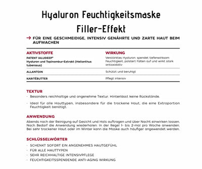  Infografik zur Hyaluron Feuchtigkeitsmaske Filler-Effekt mit Aktivstoffen, Wirkung, Textur und Anwendungshinweisen