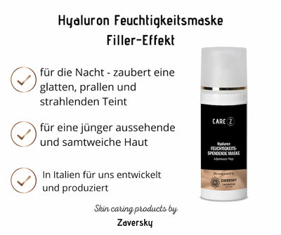 Care Z Hyaluron Feuchtigkeitsmaske mit Filler-Effekt, Infografik mit Spenderflasche und Hinweisen zu Nachtpflege, jüngerem Hautbild und Herstellung in Italien