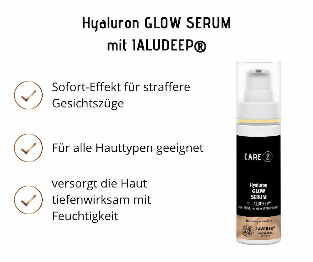 Hyaluron GLOW SERUM mit IALUDEEP in schwarzer Pumpflasche der Marke CARE Z, daneben drei Produktvorteile mit Häkchen