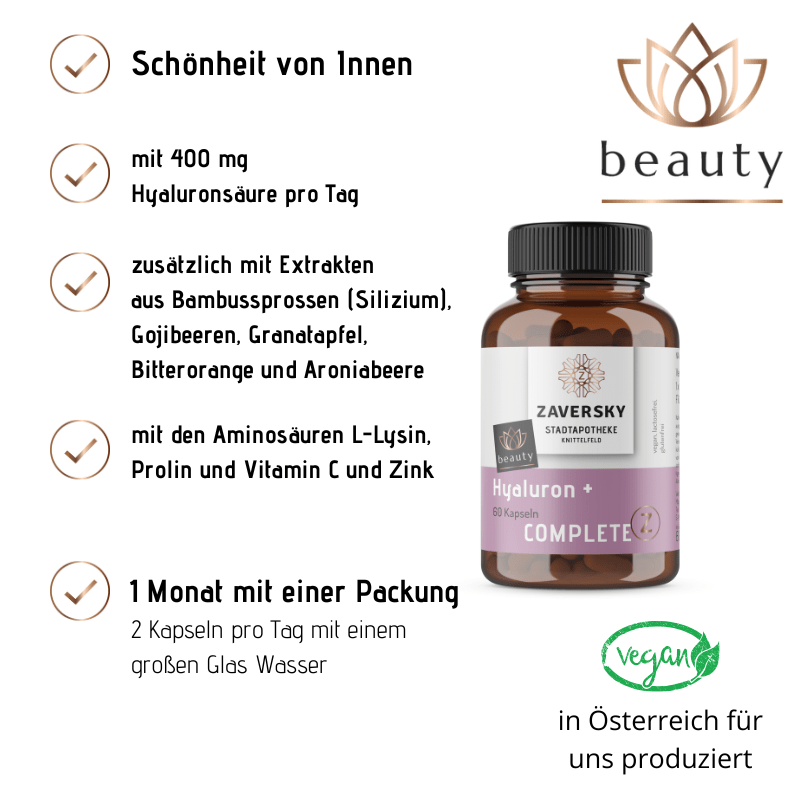 Hyaluron + Kapseln mit Zink & Aronia - vegan & rein - Nahrungsergänzung - Apotheke Zaversky