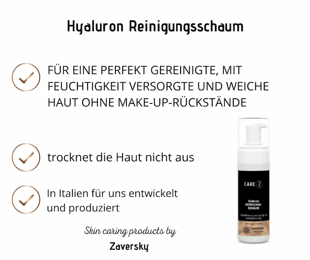Hyaluron Reinigungsschaum von Care Z in weißer Pumpflasche mit schwarzem Etikett, Infografik mit Produktvorteilen für empfindliche Haut