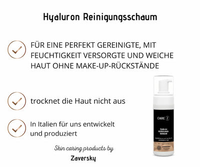Hyaluron Reinigungsschaum von Care Z in weißer Pumpflasche mit schwarzem Etikett, Infografik mit Produktvorteilen für empfindliche Haut
