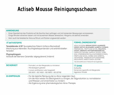 Infografik zum Actiseb Mousse Reinigungsschaum mit Angaben zu Anwendung, Aktivstoffen, Inhaltsstoffen, Sicherheit und Empfehlungen