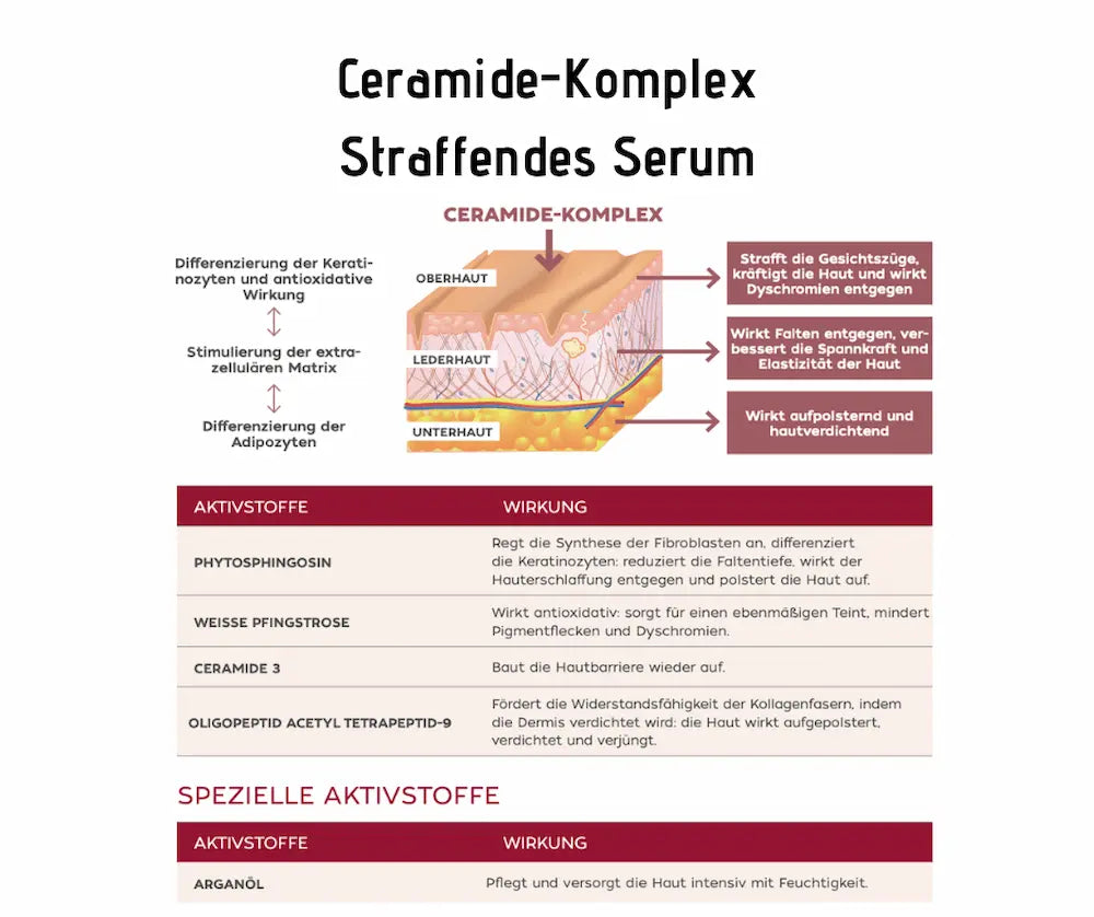 Infografik zum Ceramide-Komplex Straffendes Serum mit Hautschichten-Querschnitt und Tabelle der Aktivstoffe und ihrer Wirkung