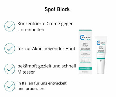 Infografik zu Ceramol ACN3 Spot Block mit Verpackung und Tube sowie vier Vorteilen wie konzentrierte Creme gegen Unreinheiten für zu Akne neigende Haut
