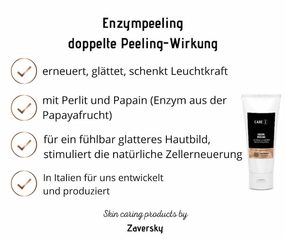 Infografik zum Care Z Enzympeeling mit Perlit und Papain, doppelte Peeling-Wirkung, weiße Tube rechts, vier Vorteile mit Häkchen