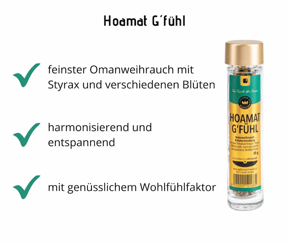 Infografik zu Hoamat G'fühl Naturweihrauch-Kräutermischung im Glasfläschchen mit Goldverschluss, 20 g, mit Omanweihrauch, Styrax und Blüten, harmonisierend und entspannend