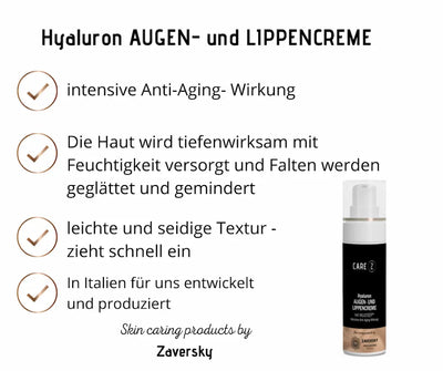 Infografik zur CARE Z Hyaluron Augen- und Lippencreme mit Vorteilen wie Feuchtigkeitsversorgung, seidiger Textur und Produktabbildung der schwarz-weißen Pumpflasche.