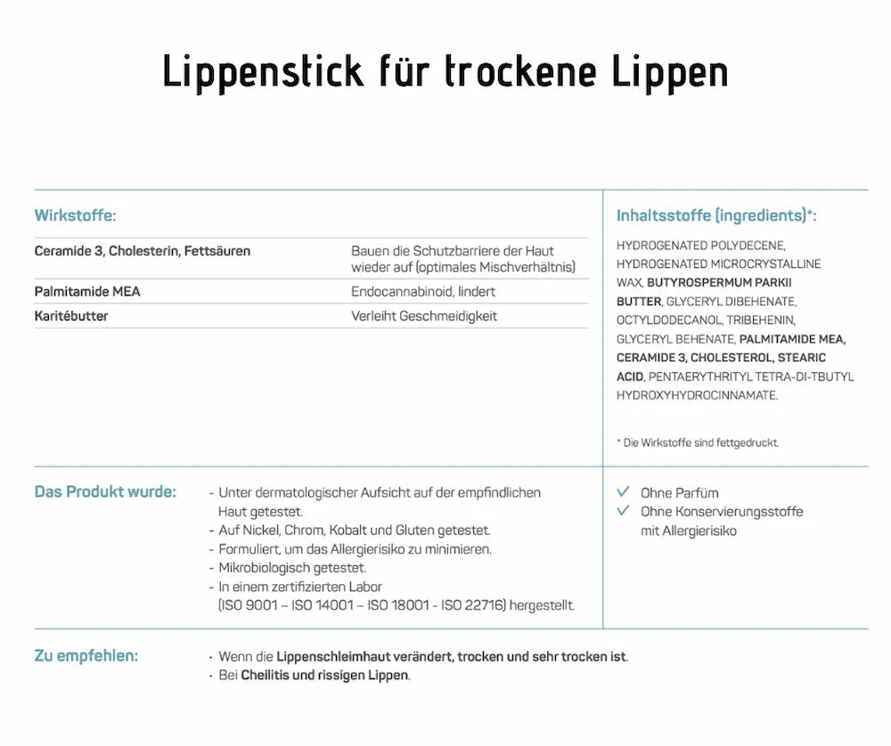 Infografik zum Lippenstick für trockene Lippen mit Wirkstoffen, Inhaltsstoffen, Produkttests und Anwendungsempfehlungen