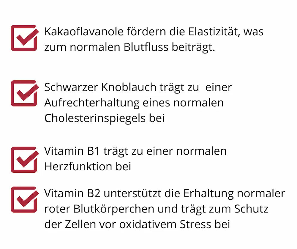 Infografik mit vier Merkmalen: Kakaoflavanole für Blutfluss, schwarzer Knoblauch für Cholesterinspiegel, Vitamin B1 für Herzfunktion, Vitamin B2 für Blutkörperchen.