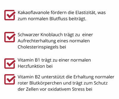 Infografik mit vier Merkmalen: Kakaoflavanole für Blutfluss, schwarzer Knoblauch für Cholesterinspiegel, Vitamin B1 für Herzfunktion, Vitamin B2 für Blutkörperchen.