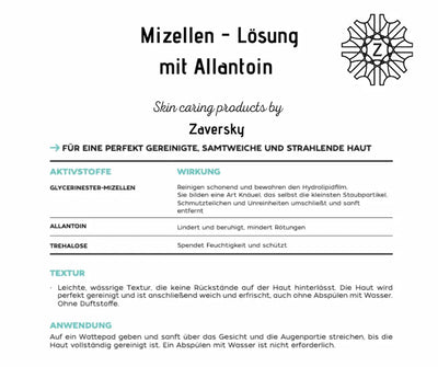 Infografik zur Mizellen-Lösung mit Allantoin von Zaversky mit Aktivstoffen, Wirkung, Textur und Anwendungshinweisen