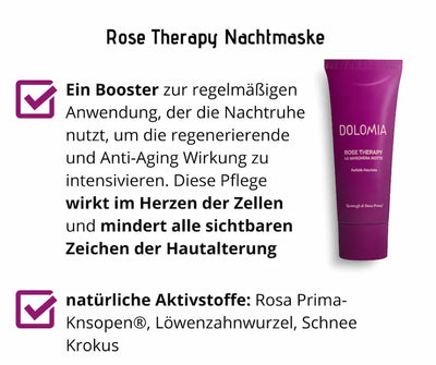 Infografik zur Dolomia Rose Therapy Nachtmaske mit lila Tube, Produktvorteilen und natürlichen Aktivstoffen