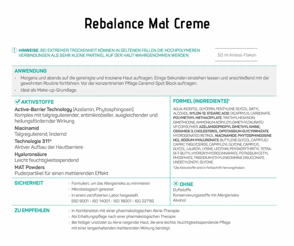 Infografik zur Rebalance Mat Creme mit Angaben zu Anwendung, Aktivstoffen, Inhaltsstoffen, Sicherheit und Empfehlungen für fettige Haut