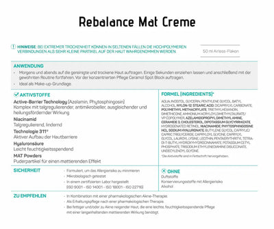 Infografik zur Rebalance Mat Creme mit Angaben zu Anwendung, Aktivstoffen, Inhaltsstoffen, Sicherheit und Empfehlungen für fettige Haut