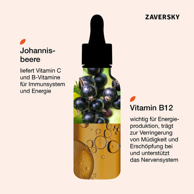 Zaversky Infografik mit Tropfenflasche, gefüllt mit Johannisbeeren und Öltropfen, Text zu Vitamin C, B-Vitaminen und Vitamin B12 für Energie.