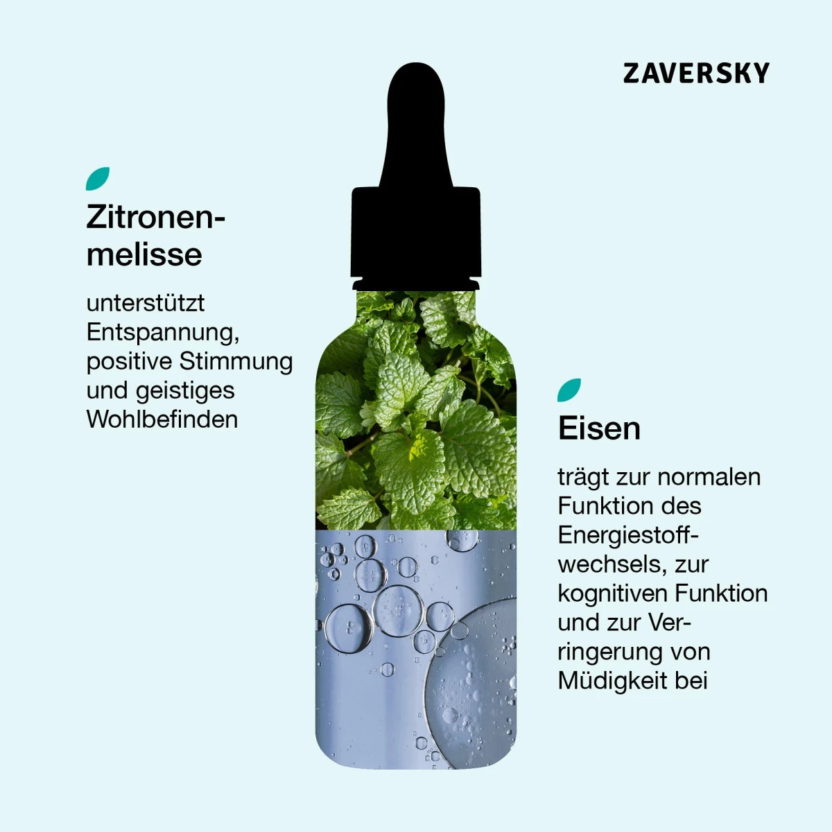 Infografik mit Pipettenflasche aus Zitronenmelisse-Blättern, beschreibt Wirkstoffe Zitronenmelisse und Eisen, Marke Zaversky