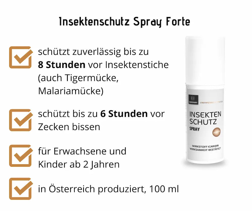 Insektenschutz Spray Forte von Zaversky Stadtapotheke, 100 ml Sprühflasche mit Wirkstoff Icaridin, Infografik mit Schutzdauer und Anwendungshinweisen