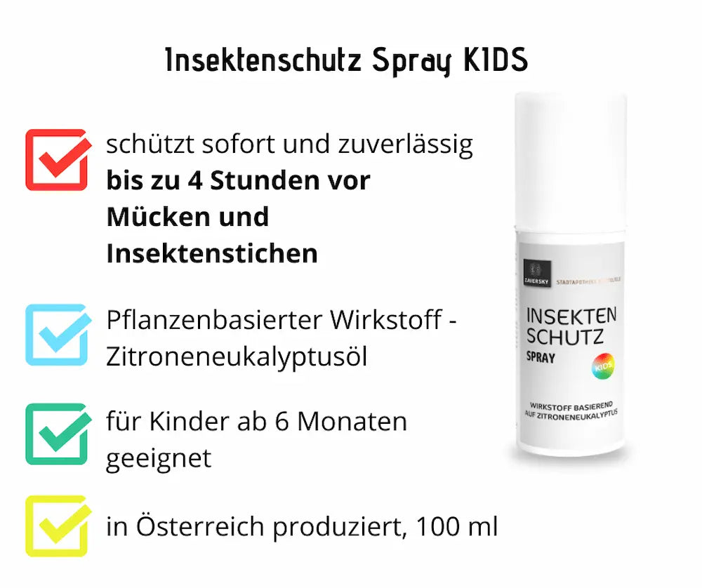 Insektenschutz Spray KIDS der Stadtapotheke Zaversky mit Zitroneneukalyptusöl, 100 ml, Infografik mit vier Produktmerkmalen