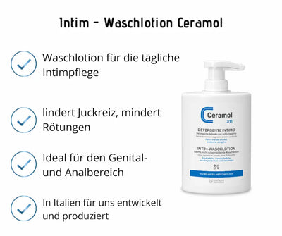 Ceramol 311 Intim-Waschlotion in weißer Pumpflasche mit Infografik zu täglicher Intimpflege sowie Linderung von Juckreiz und Rötungen
