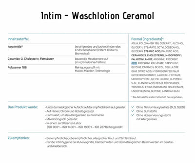 Infografik zur Ceramol Intim-Waschlotion mit Inhaltsstoffen, Formel, Hautverträglichkeit und Anwendungsempfehlungen.