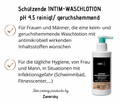 Infografik zur schützenden Intim-Waschlotion pH 4,5 von CARE Z, weiße Pumpflasche mit schwarzem Etikett und Hinweisen zur Anwendung