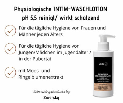 CARE Z Physiologische Intim-Waschlotion pH 5,5 mit Moos- und Ringelblumenextrakt, Infografik mit Anwendungsvorteilen von Zaversky