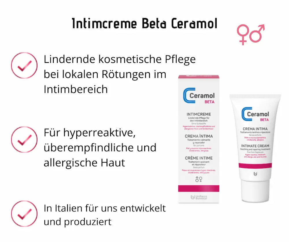 Ceramol Beta Intimcreme als Tube und Verpackung mit Hinweisen zu lindernder Pflege bei Rötungen im Intimbereich und für empfindliche Haut