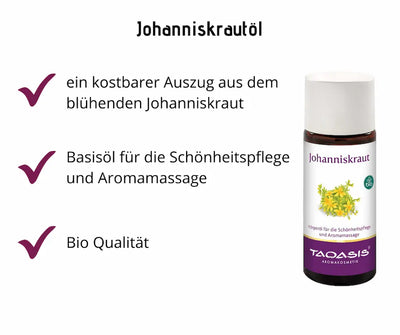 Taoasis Johanniskrautöl in brauner Flasche mit weißem Deckel und Bio-Logo, Infografik mit Hinweisen zu Auszug, Schönheitspflege und Aromamassage