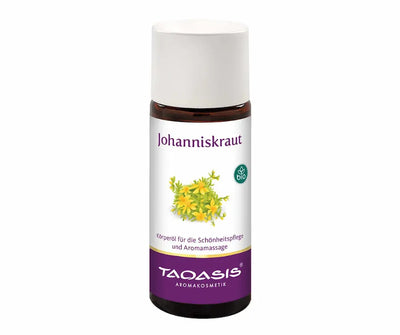  Taoasis Johanniskraut Körperöl in brauner Glasflasche mit weißem Verschluss, Bio-Siegel und Etikett mit gelber Blütenillustration