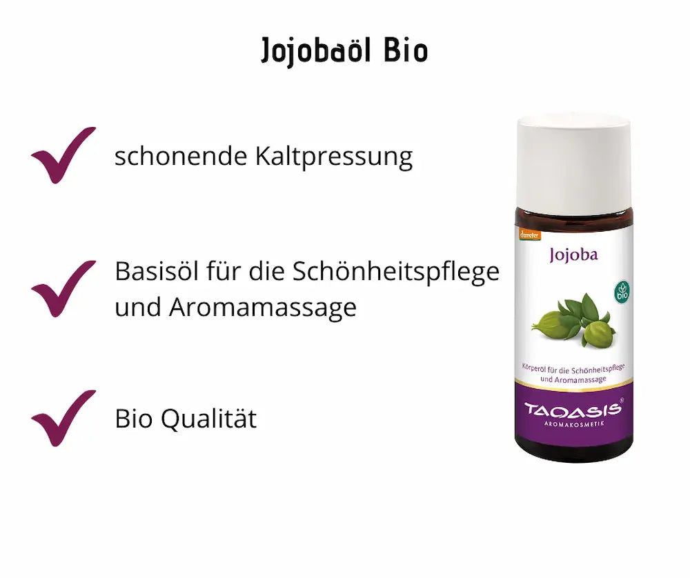 Infografik zu Taoasis Jojobaöl Bio mit brauner Flasche und weißem Deckel sowie drei Vorteilen: Kaltpressung, Basisöl, Bio-Qualität
