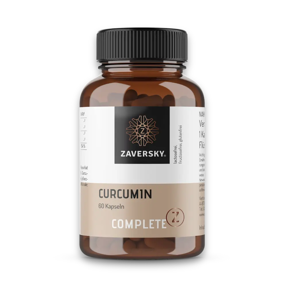 Zaversky Complete Z Curcumin, 60 Kapseln, braune Dose mit schwarzem Deckel und beige-schwarzem Etikett.
