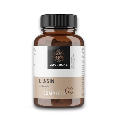 Braune Kapseldose Complete Z L-Lysin von Zaversky, 60 Kapseln, mit Etikett vegan, lactose- und glutenfrei.