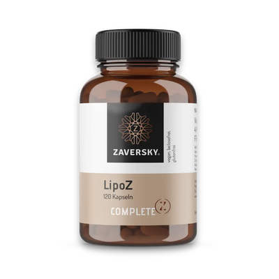 Zaversky LipoZ Kapseln, 120 Stück, braune Apothekerflasche mit schwarzem Schraubverschluss und Etikett „Complete Z“.