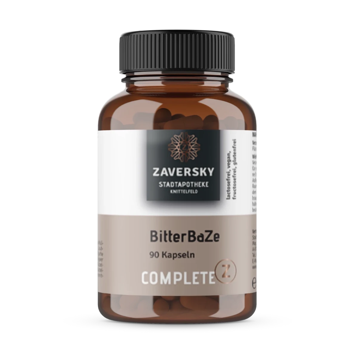Zaversky BitterBaZe Complete Z, 90 Kapseln in braunem Glasbehälter mit schwarzem Schraubverschluss, lactosefrei, vegan, fructosefrei, glutenfrei