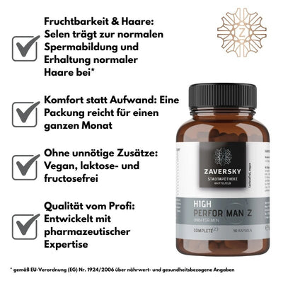 Braunglasflasche Zaversky High Performanz Only for Men mit 90 Kapseln, daneben vier Vorteile mit Häkchen aufgelistet