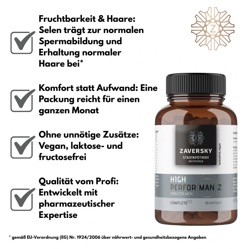 Braunglasflasche Zaversky High Performanz Only for Men mit 90 Kapseln, daneben vier Vorteile mit Häkchen aufgelistet