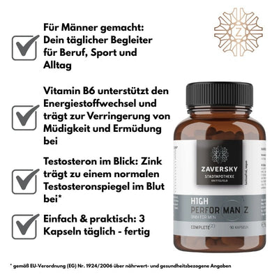 Braune Kapselflasche High Performanz von Zaversky mit 90 Kapseln für Männer, daneben vier Produktvorteile mit Häkchen.