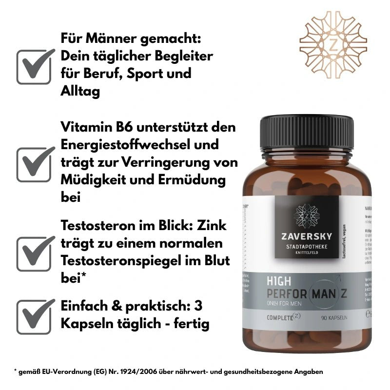 Braune Kapselflasche High Performanz von Zaversky mit 90 Kapseln für Männer, daneben vier Produktvorteile mit Häkchen.
