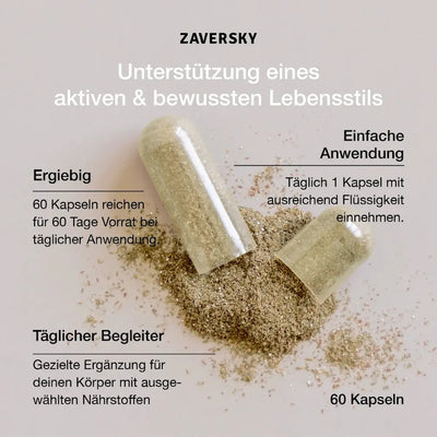 Zwei geöffnete Kapseln mit grün-braunem Pulver und Infografik zu Anwendung, Ergiebigkeit und täglicher Einnahme, 60 Kapseln.

