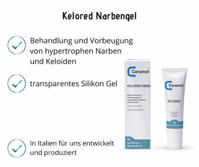Infografik zum Kelored Ceramol Narbengel mit Faltschachtel und Tube, Hinweisen zu hypertrophen Narben, Keloiden und transparentem Silikon Gel.